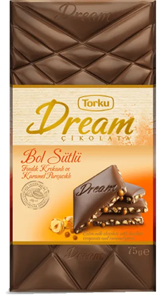 Torku Dream Rich Milk Chocolate with Hazelnut Croquette and Caramel Chips 75 gr